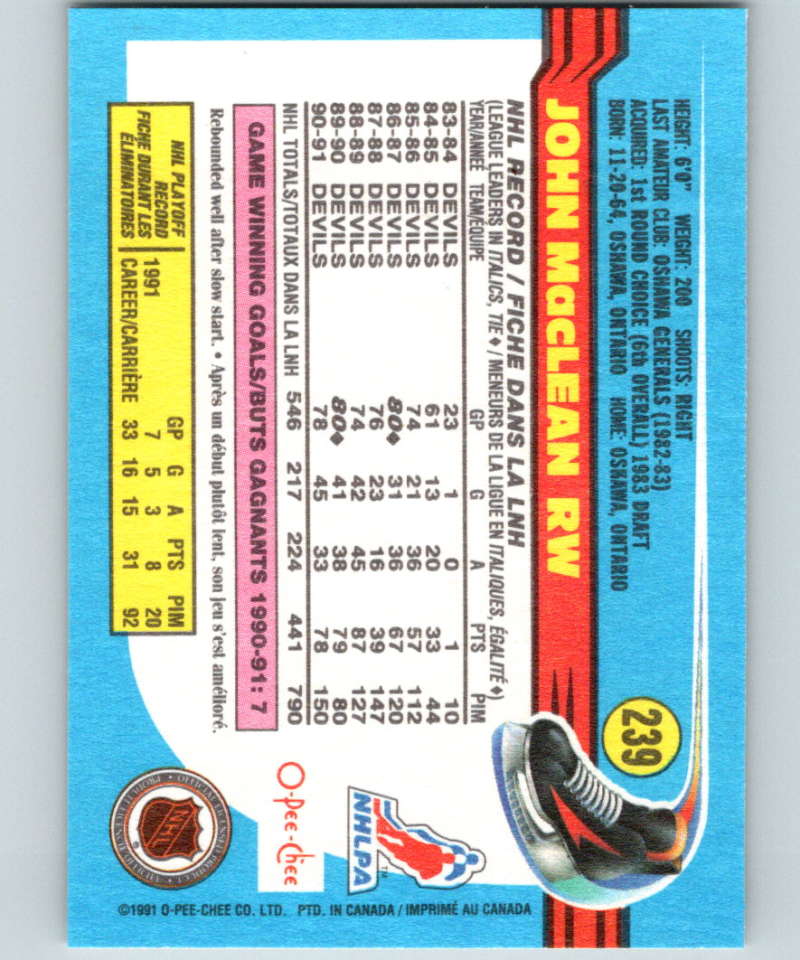 1991-92 O-Pee-Chee #239 John MacLean Mint New Jersey Devils Image 2
