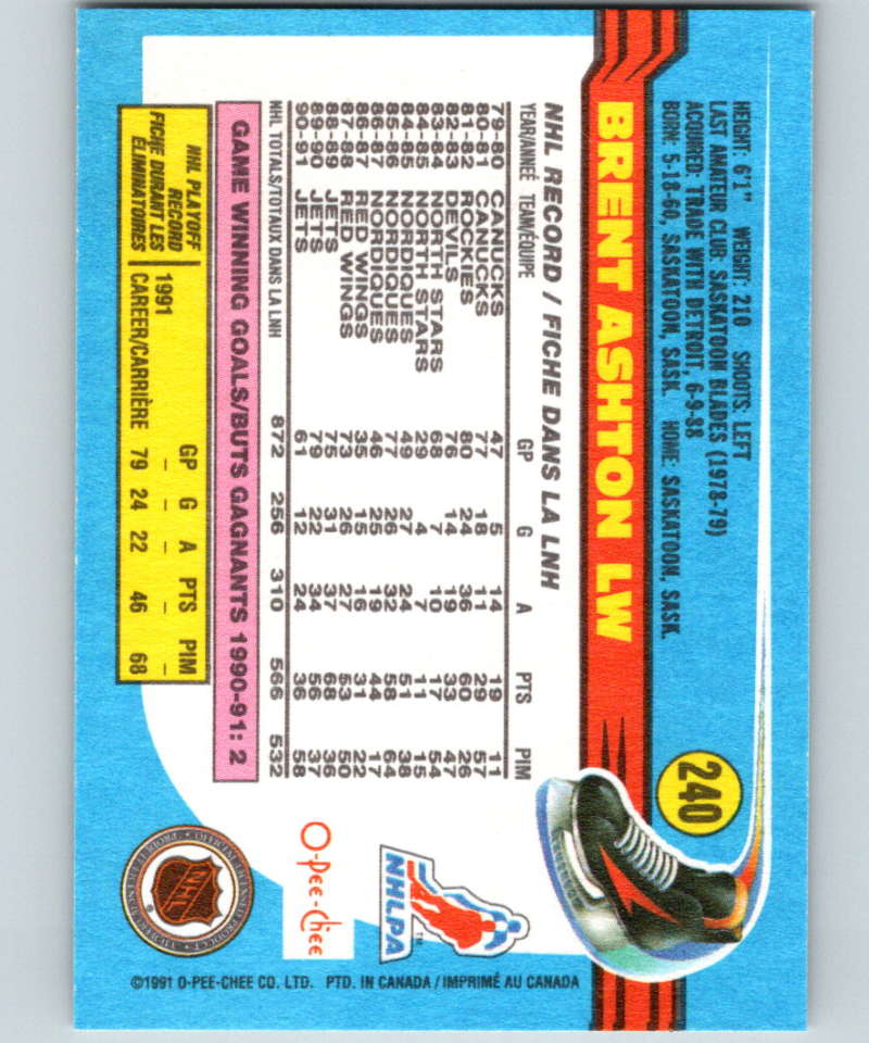 1991-92 O-Pee-Chee #240 Brent Ashton Mint Winnipeg Jets Image 2
