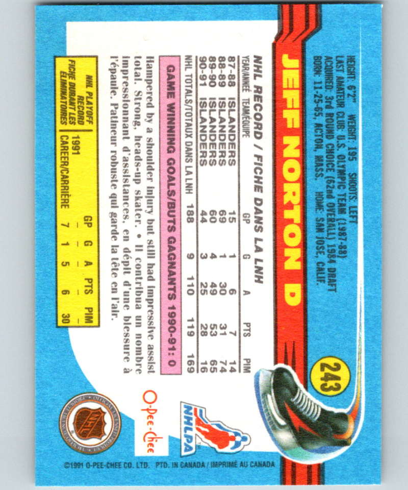 1991-92 O-Pee-Chee #243 Jeff Norton Mint New York Islanders Image 2