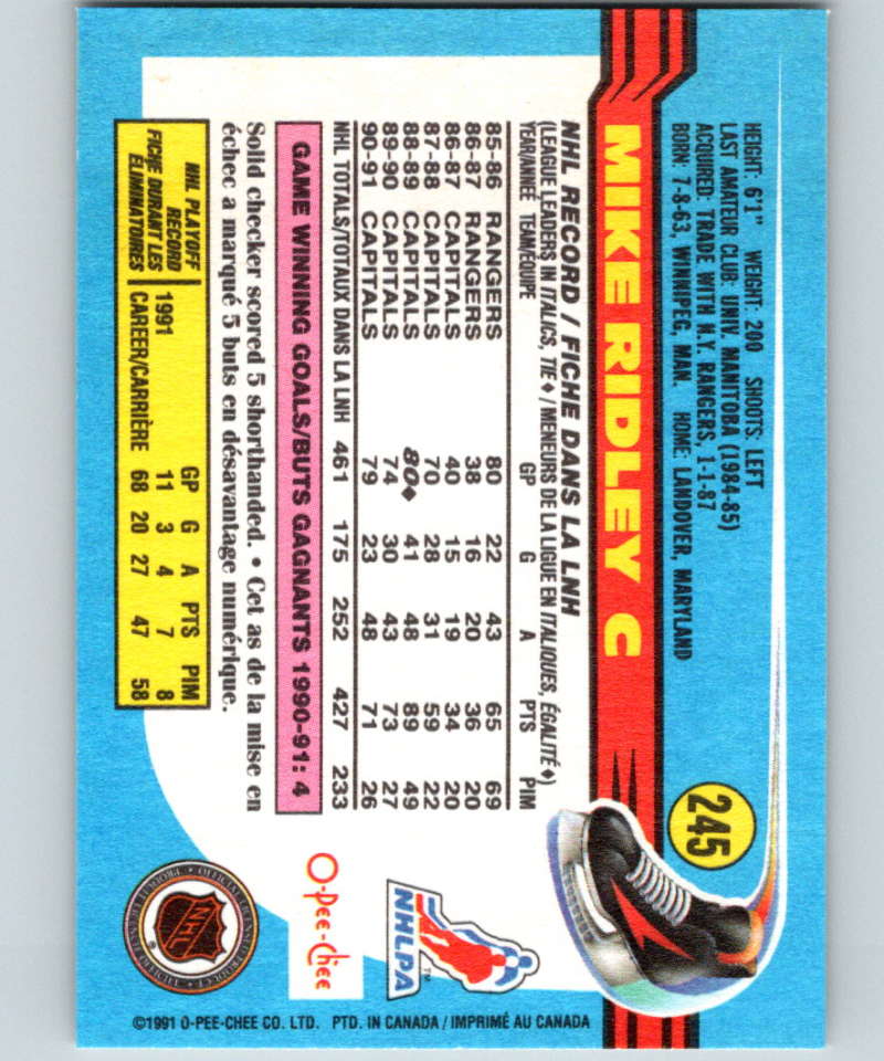 1991-92 O-Pee-Chee #245 Mike Ridley Mint Washington Capitals Image 2