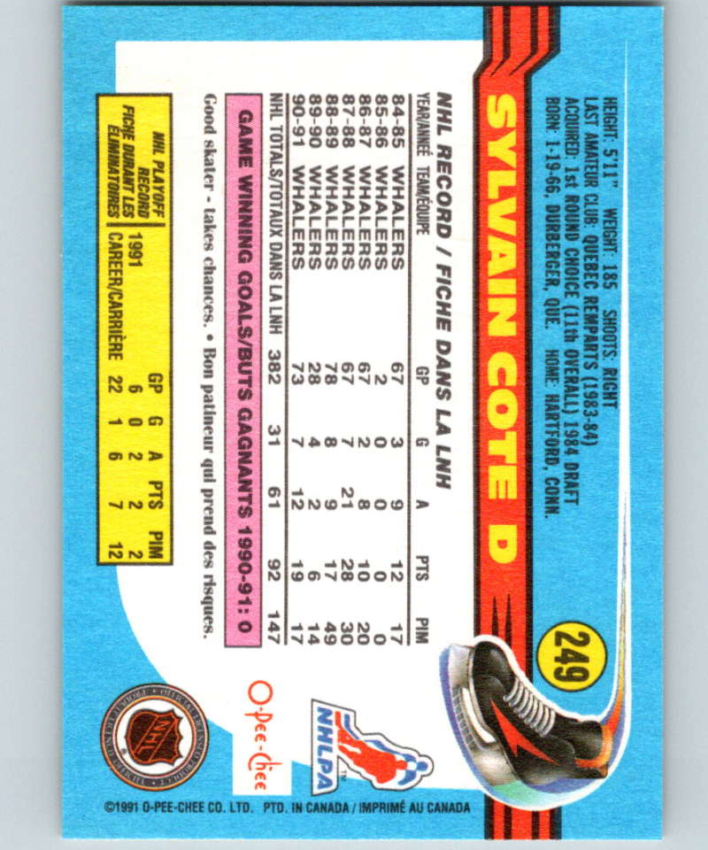 1991-92 O-Pee-Chee #249 Sylvain Cote Mint Hartford Whalers Image 2