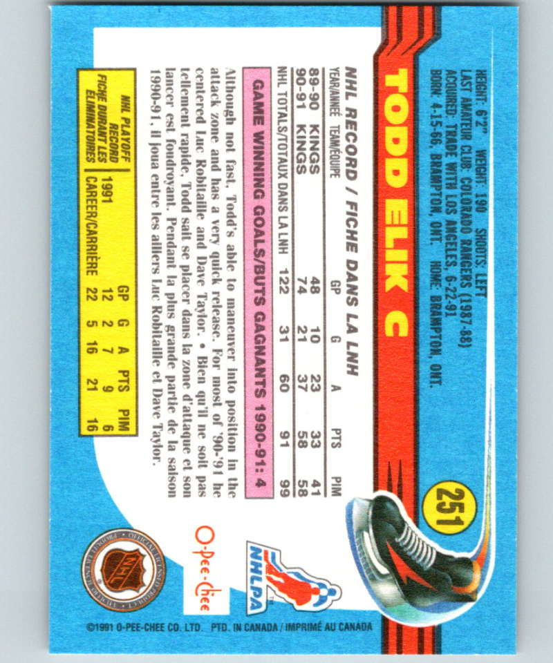 1991-92 O-Pee-Chee #251 Todd Elik Mint Los Angeles Kings Image 2