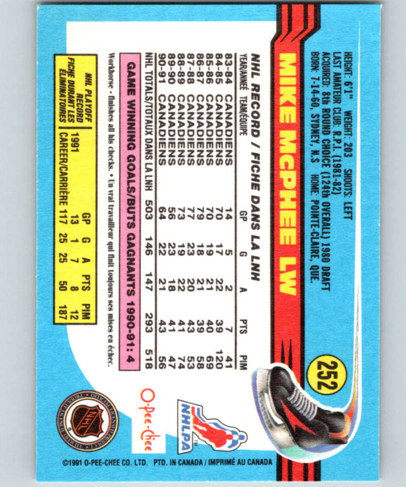 1991-92 O-Pee-Chee #252 Mike McPhee Mint Montreal Canadiens Image 2