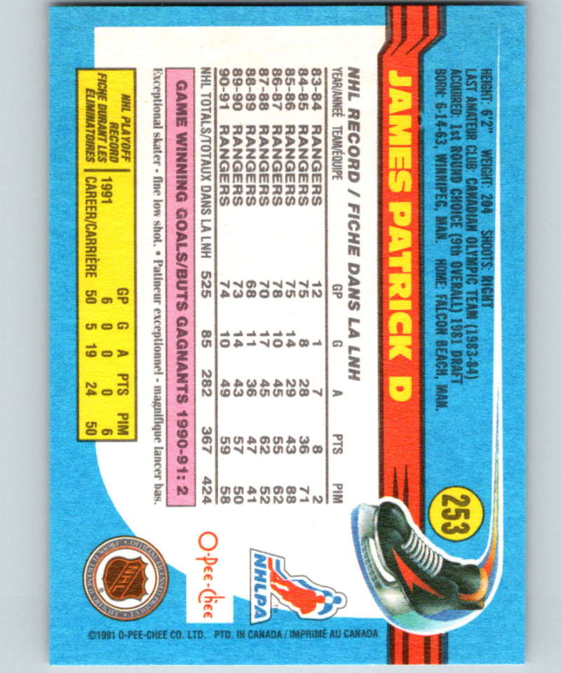 1991-92 O-Pee-Chee #253 James Patrick Mint New York Rangers Image 2