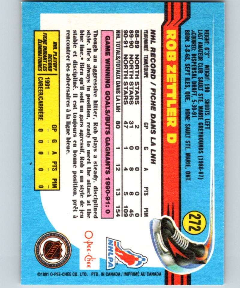 1991-92 O-Pee-Chee #272 Rob Zettler Mint Minnesota North Stars Image 2