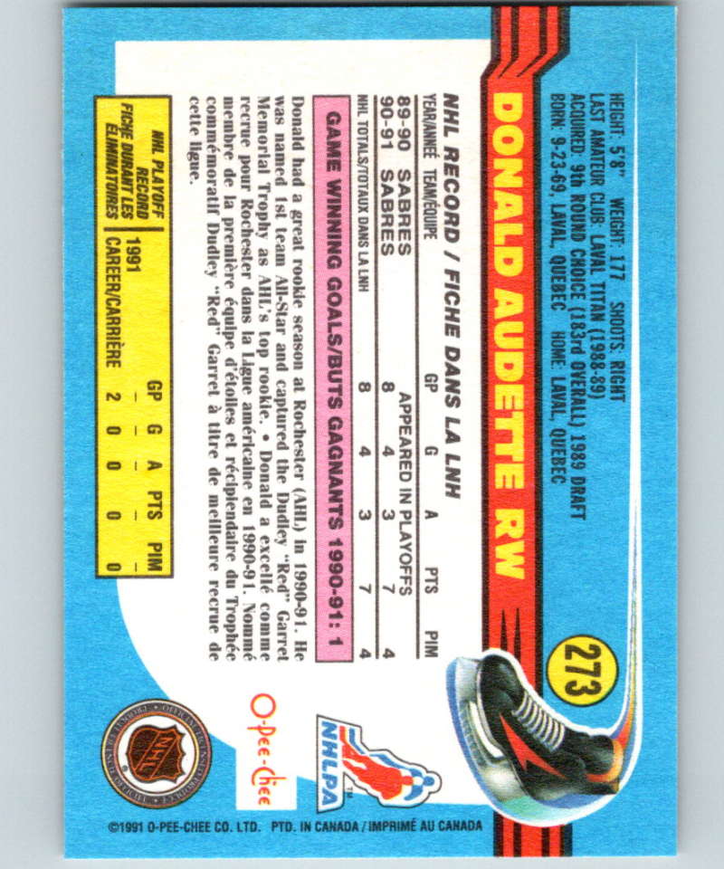 1991-92 O-Pee-Chee #273 Donald Audette Mint Buffalo Sabres Image 2