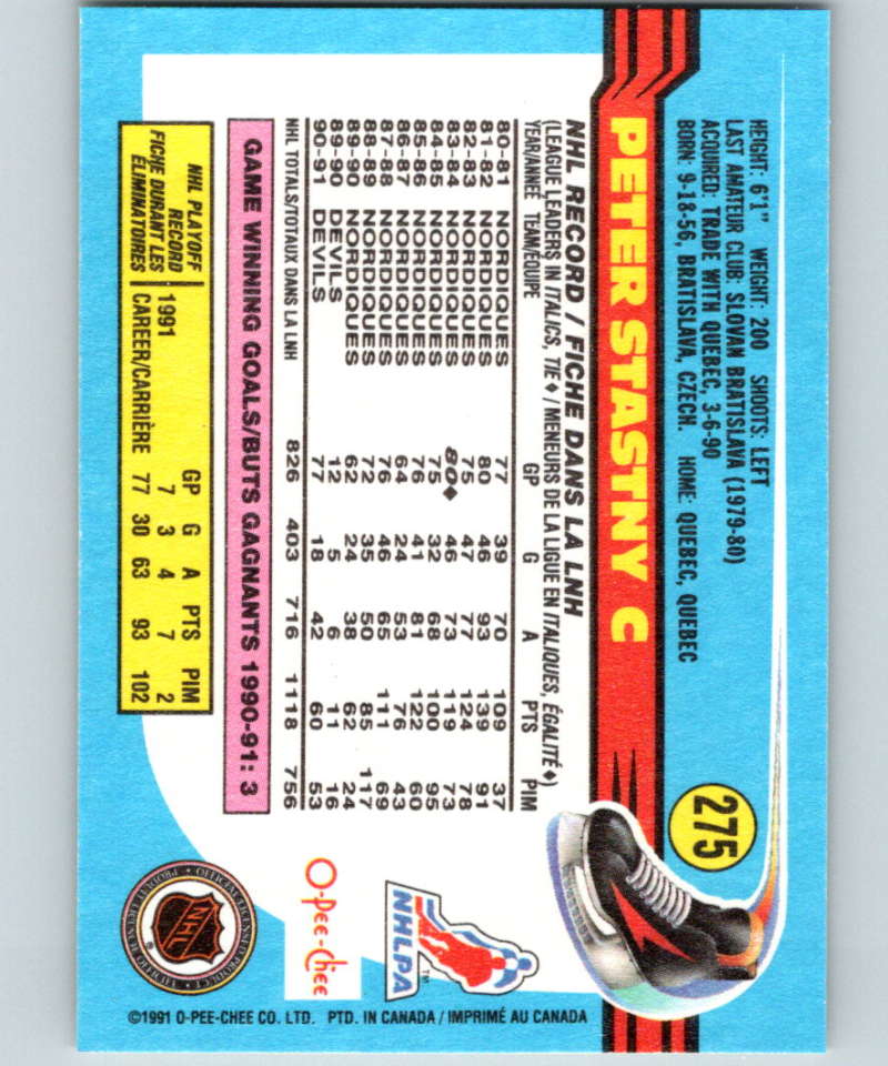 1991-92 O-Pee-Chee #275 Peter Stastny UER Mint New Jersey Devils Image 2
