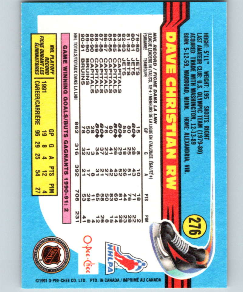 1991-92 O-Pee-Chee #276 Dave Christian Mint Boston Bruins Image 2