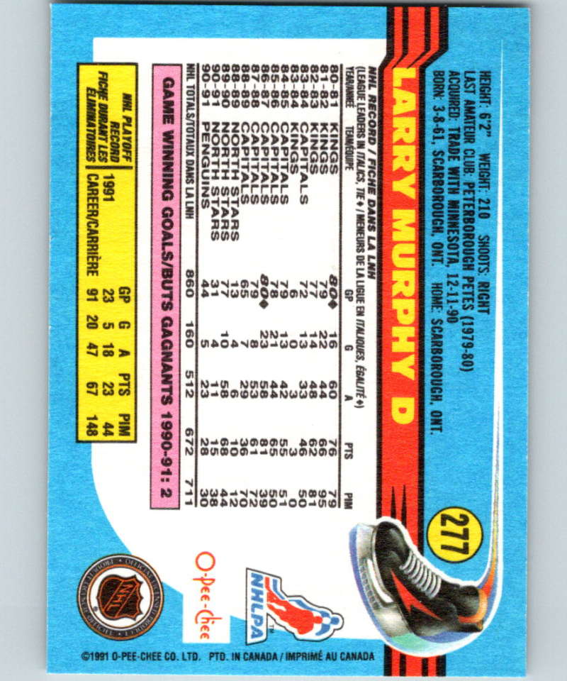 1991-92 O-Pee-Chee #277 Larry Murphy Mint Pittsburgh Penguins Image 2