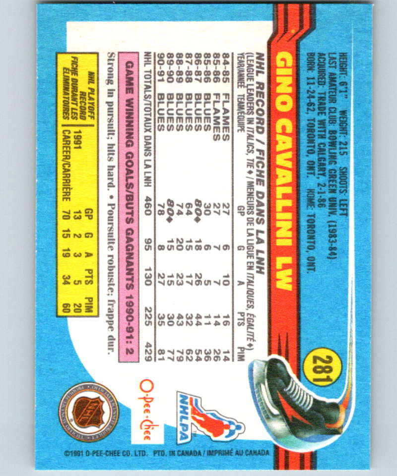1991-92 O-Pee-Chee #281 Gino Cavallini Mint St. Louis Blues Image 2