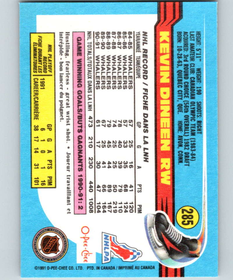 1991-92 O-Pee-Chee #285 Kevin Dineen Mint Hartford Whalers Image 2