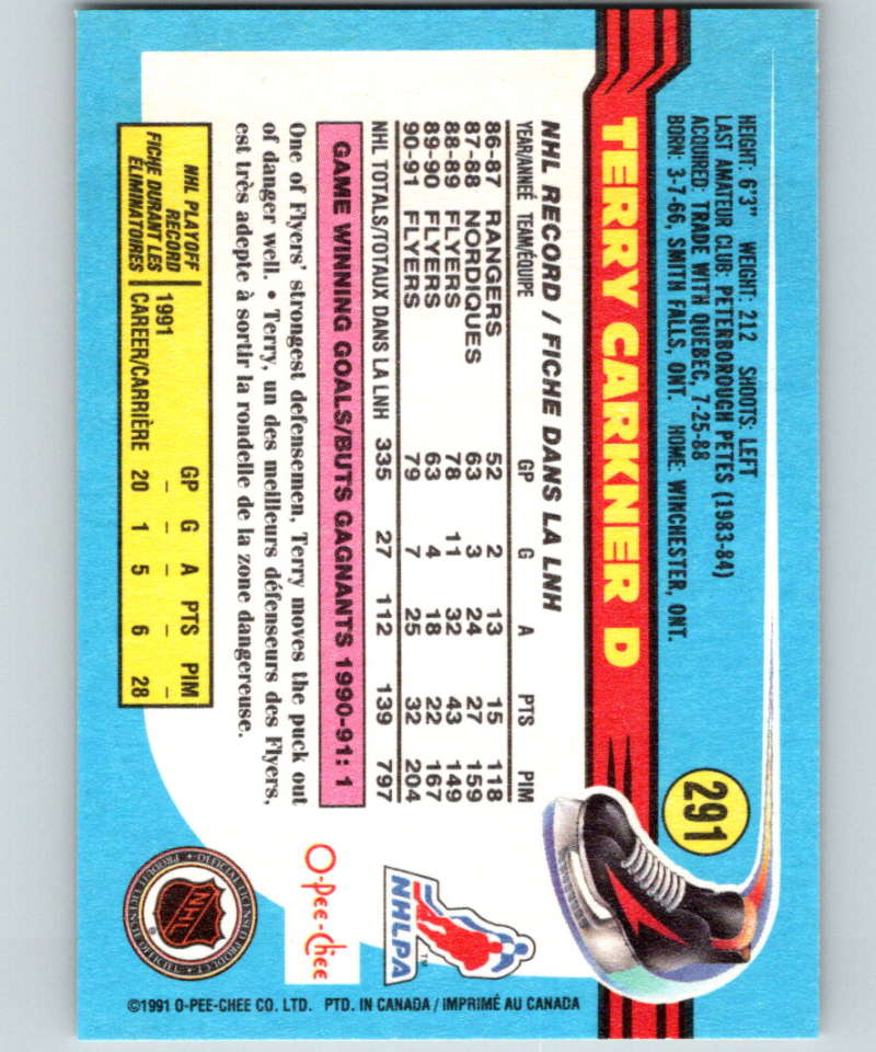 1991-92 O-Pee-Chee #291 Terry Carkner Mint Philadelphia Flyers Image 2