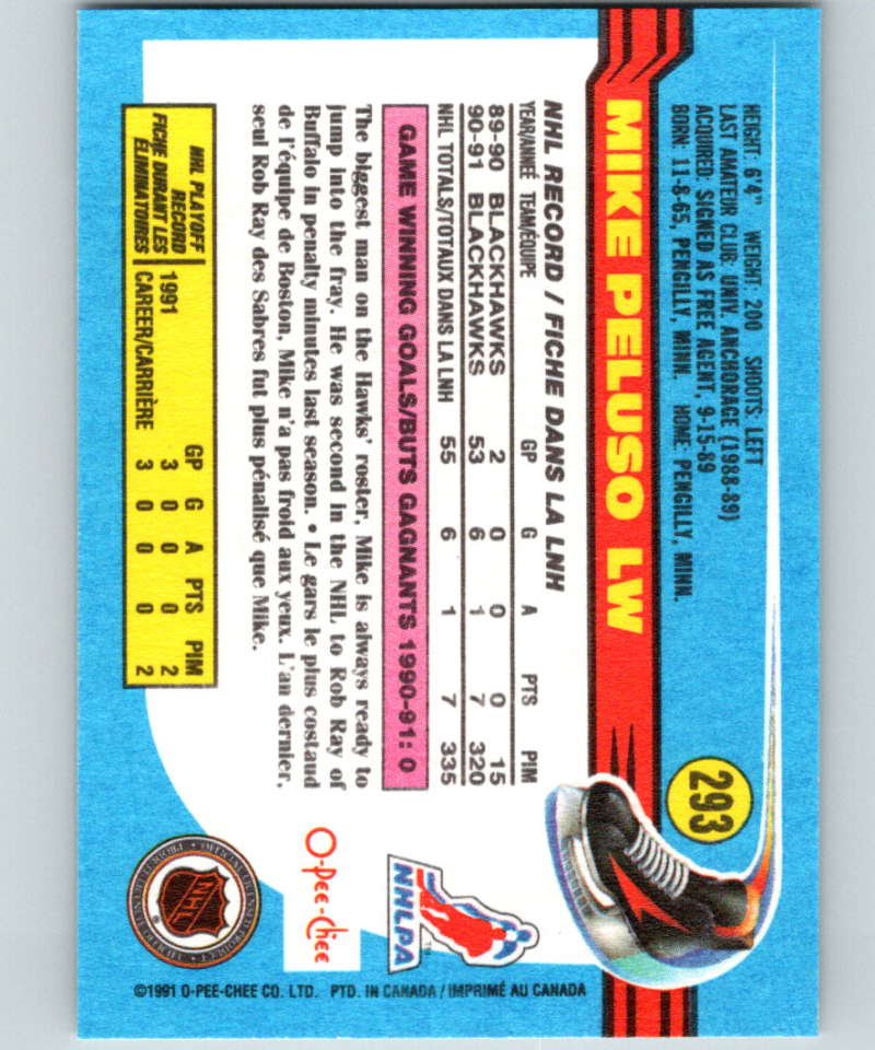 1991-92 O-Pee-Chee #293 Mike Peluso Mint Chicago Blackhawks Image 2