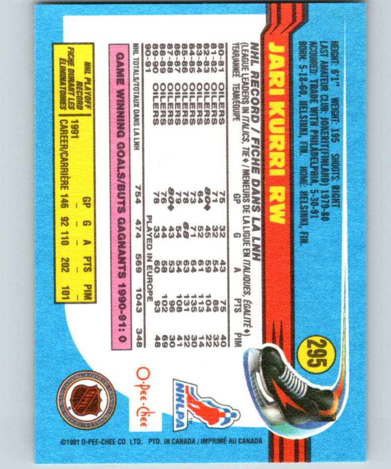 1991-92 O-Pee-Chee #295 Jari Kurri Mint Edmonton Oilers Image 2