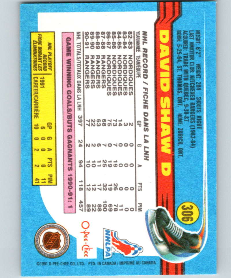 1991-92 O-Pee-Chee #306 David Shaw Mint New York Rangers Image 2