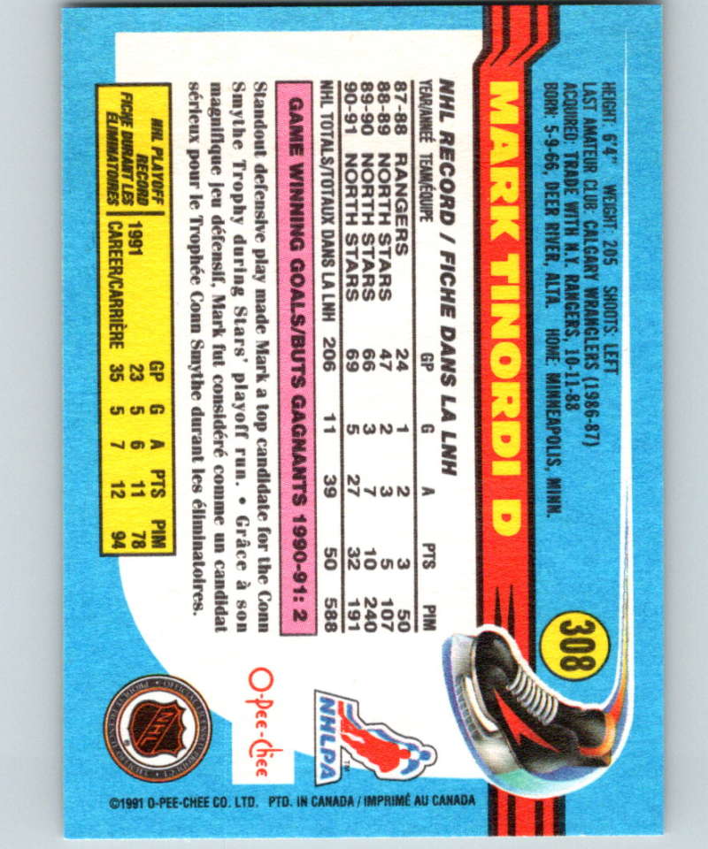 1991-92 O-Pee-Chee #308 Mark Tinordi Mint Minnesota North Stars Image 2