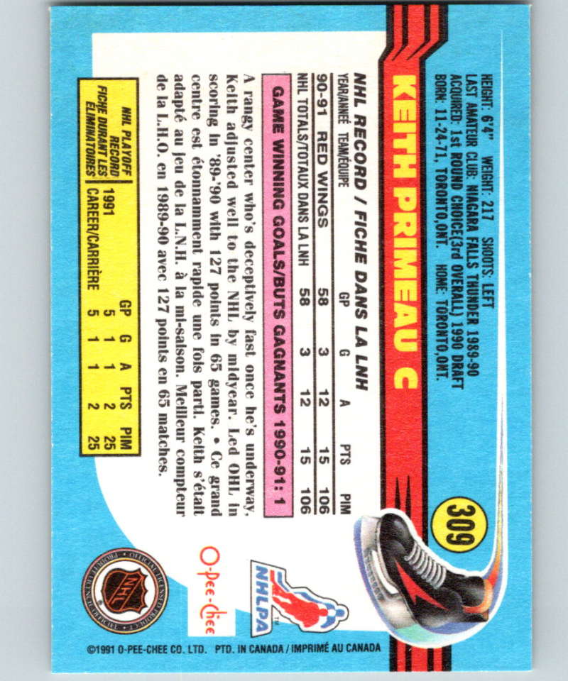 1991-92 O-Pee-Chee #309 Keith Primeau Mint Detroit Red Wings Image 2