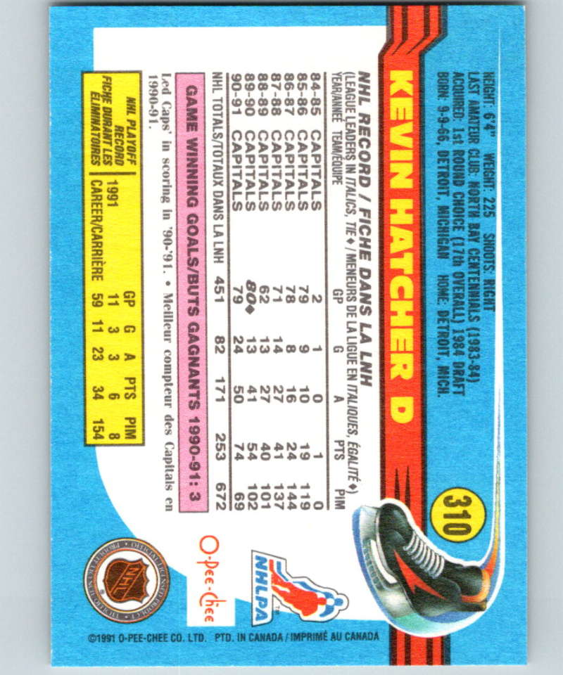1991-92 O-Pee-Chee #310 Kevin Hatcher Mint Washington Capitals Image 2