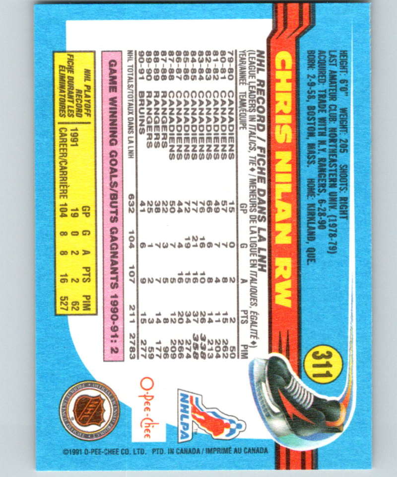 1991-92 O-Pee-Chee #311 Chris Nilan Mint Boston Bruins Image 2