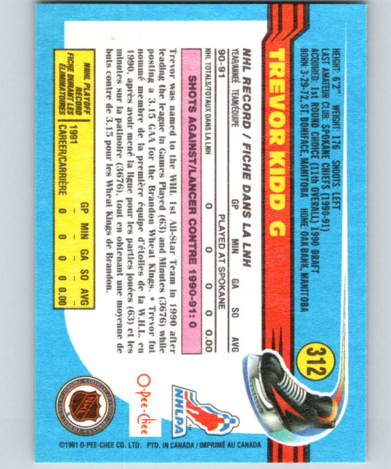 1991-92 O-Pee-Chee #312 Trevor Kidd Mint Calgary Flames Image 2