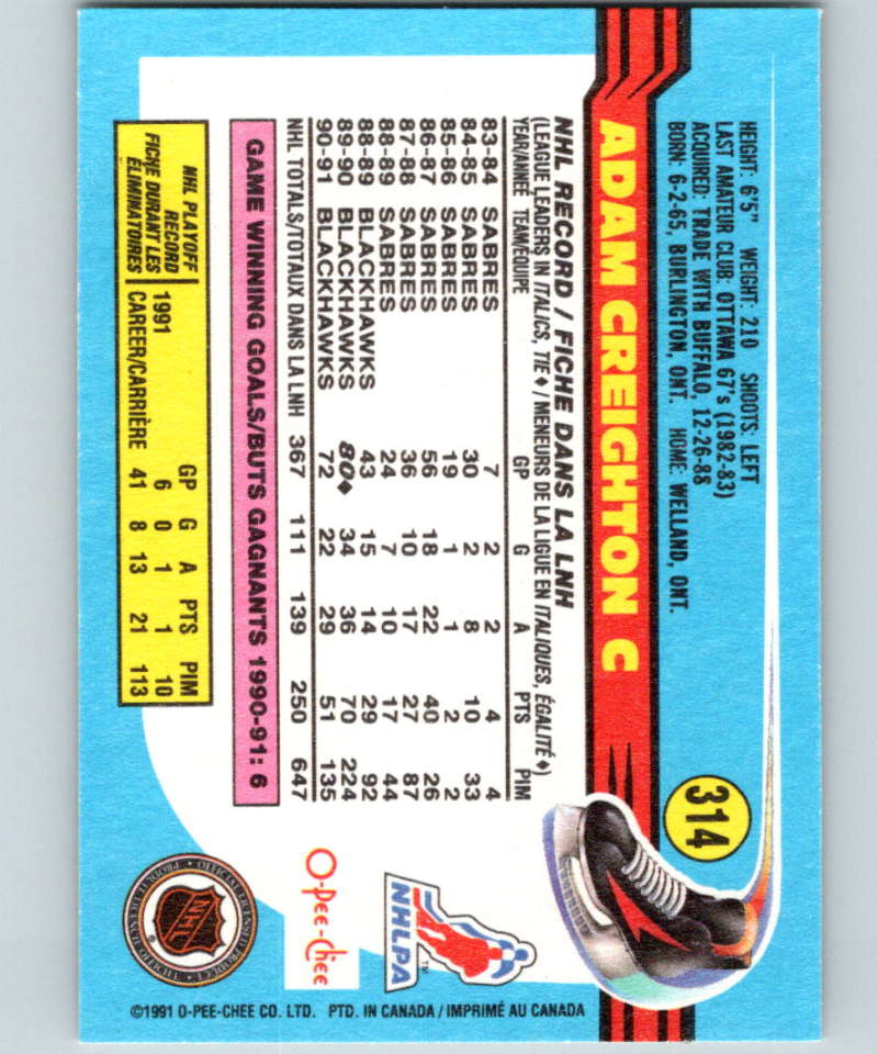 1991-92 O-Pee-Chee #314 Adam Creighton Mint Chicago Blackhawks Image 2