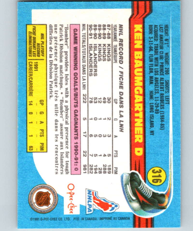 1991-92 O-Pee-Chee #316 Ken Baumgartner Mint New York Islanders Image 2