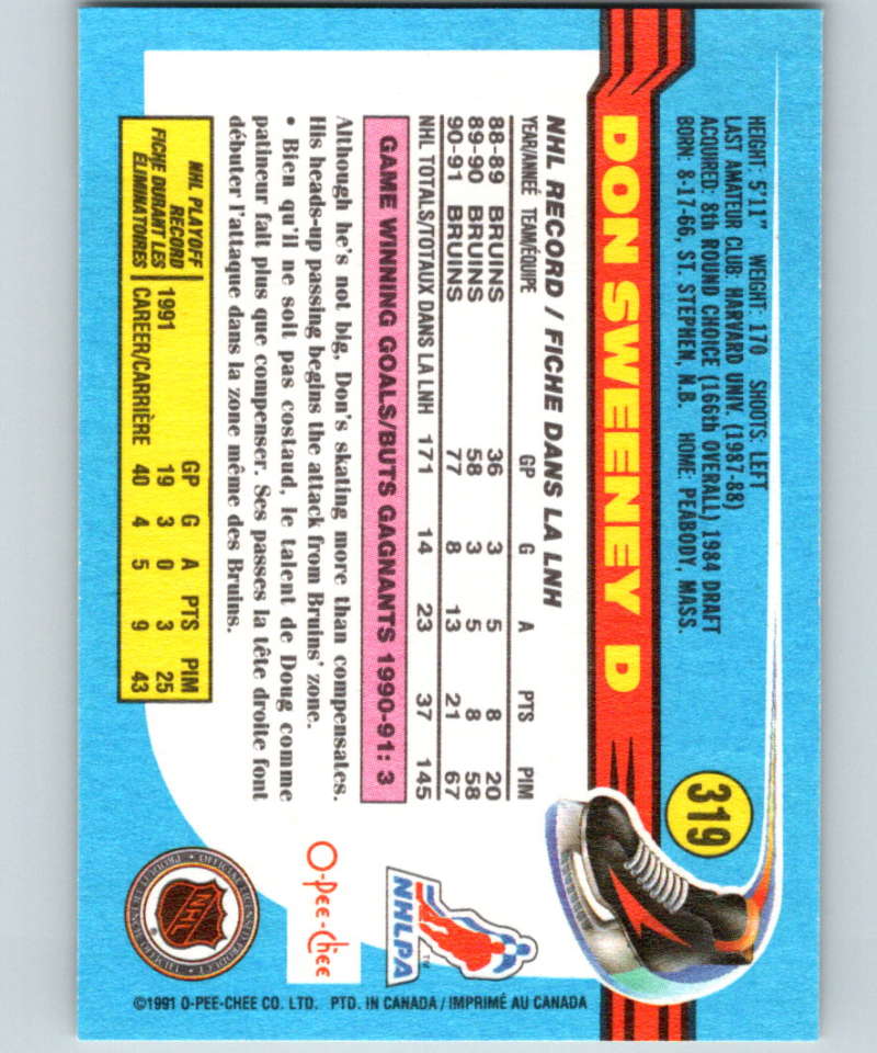 1991-92 O-Pee-Chee #319 Don Sweeney Mint Boston Bruins Image 2