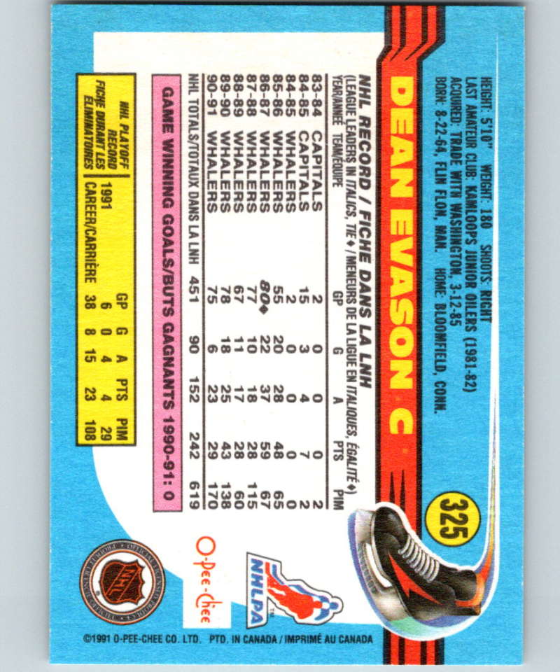 1991-92 O-Pee-Chee #325 Dean Evason Mint Hartford Whalers Image 2