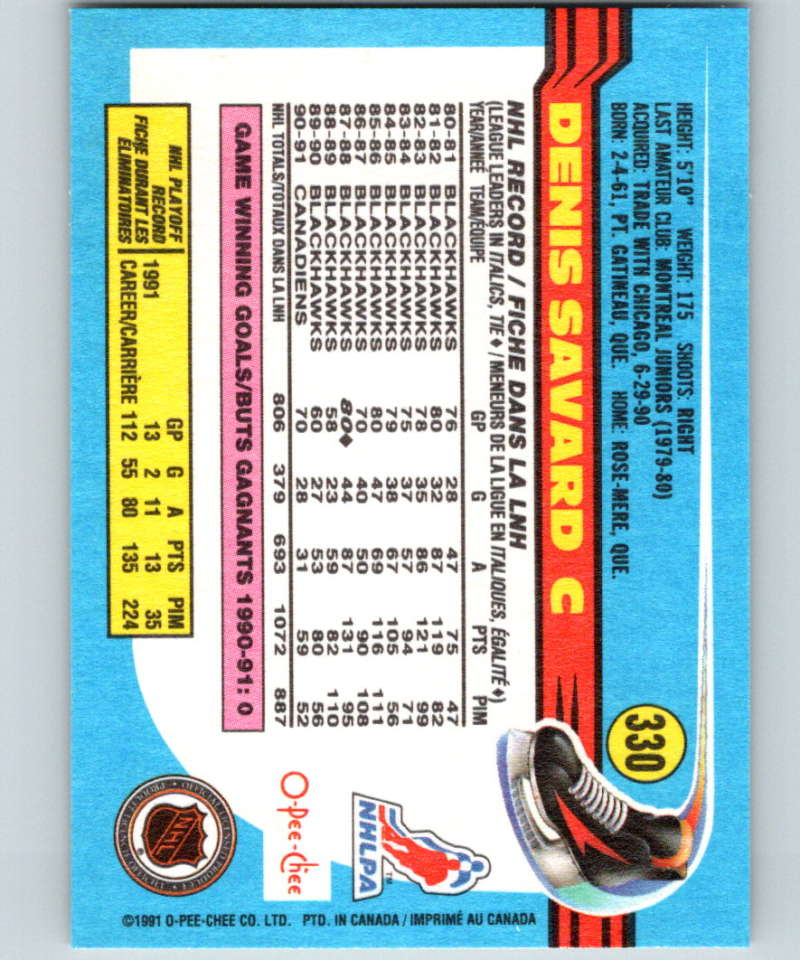 1991-92 O-Pee-Chee #330 Denis Savard Mint Montreal Canadiens Image 2
