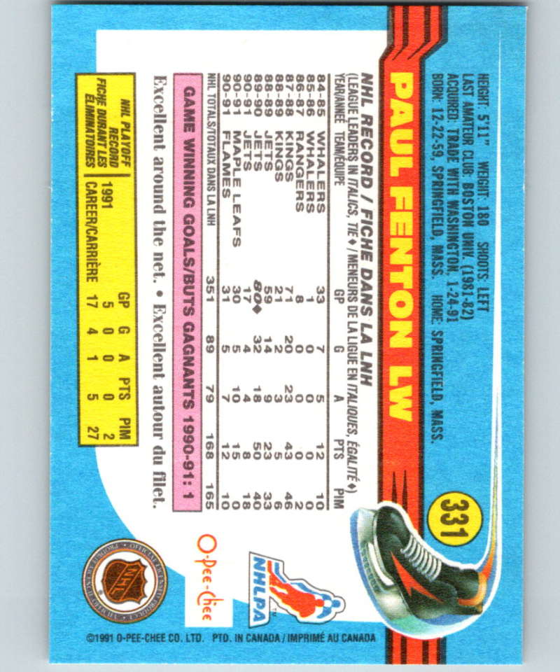 1991-92 O-Pee-Chee #331 Paul Fenton Mint Calgary Flames Image 2