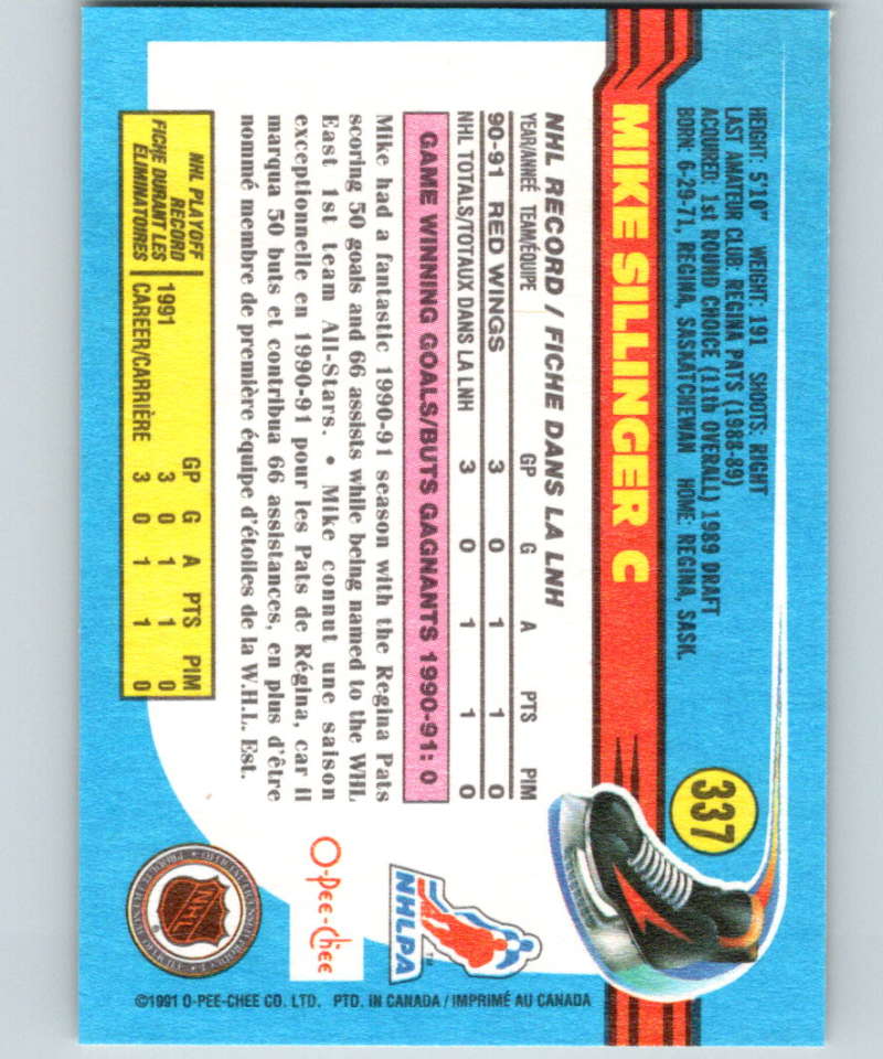 1991-92 O-Pee-Chee #337 Mike Sillinger Mint Detroit Red Wings Image 2