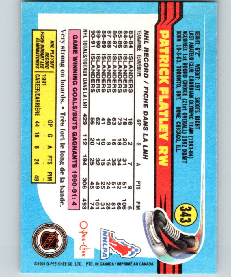 1991-92 O-Pee-Chee #343 Pat Flatley Mint New York Islanders Image 2