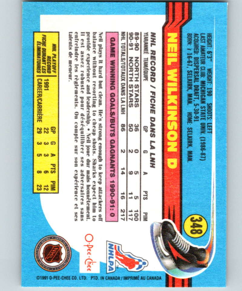 1991-92 O-Pee-Chee #348 Neil Wilkinson Mint Minnesota North Stars Image 2