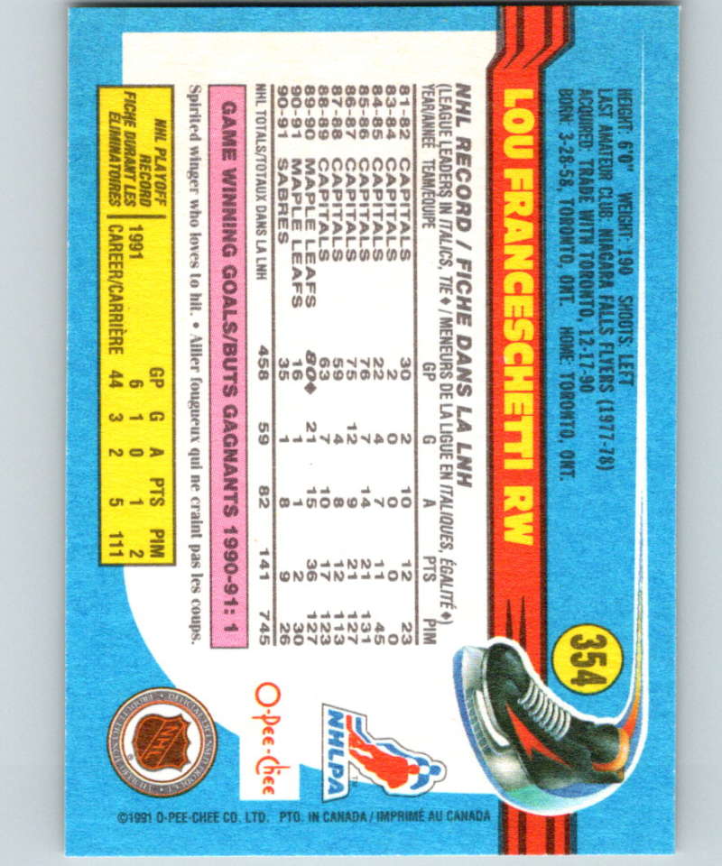 1991-92 O-Pee-Chee #354 Lou Franceschetti Mint Buffalo Sabres Image 2