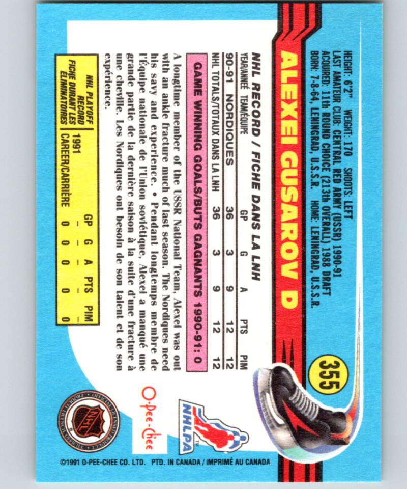 1991-92 O-Pee-Chee #355 Alexei Gusarov Mint RC Rookie Quebec Nordiques Image 2