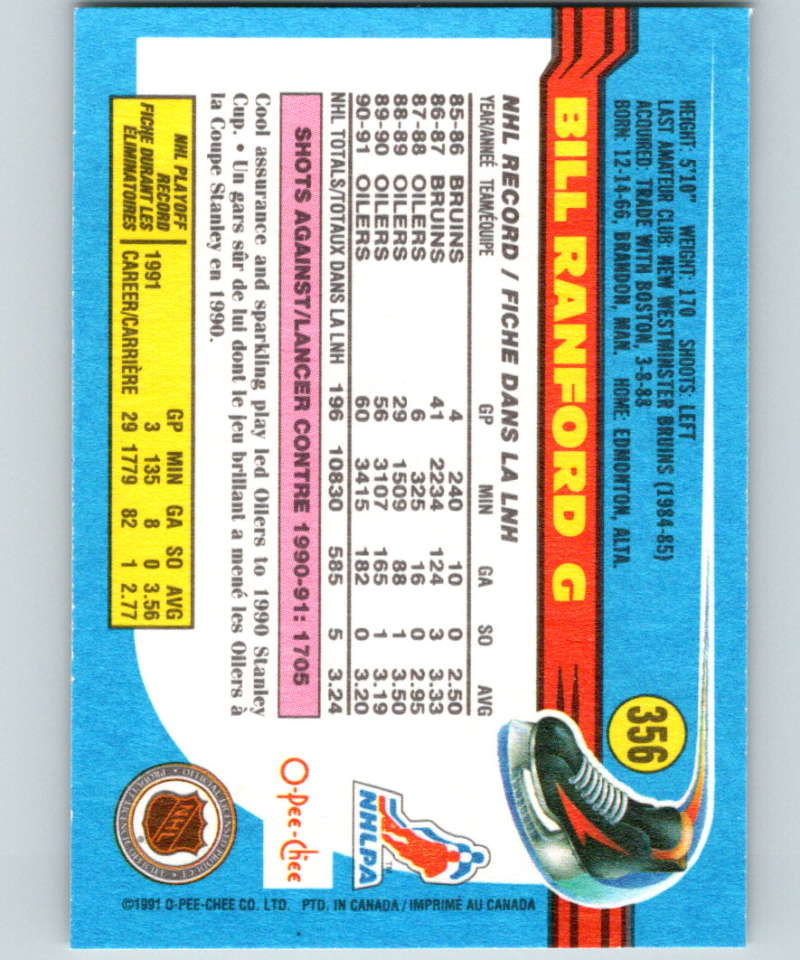 1991-92 O-Pee-Chee #356 Bill Ranford Mint Edmonton Oilers Image 2
