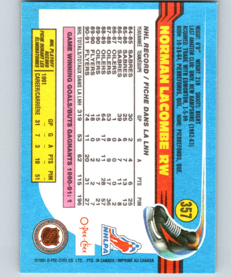 1991-92 O-Pee-Chee #357 Normand Lacombe Mint Philadelphia Flyers Image 2