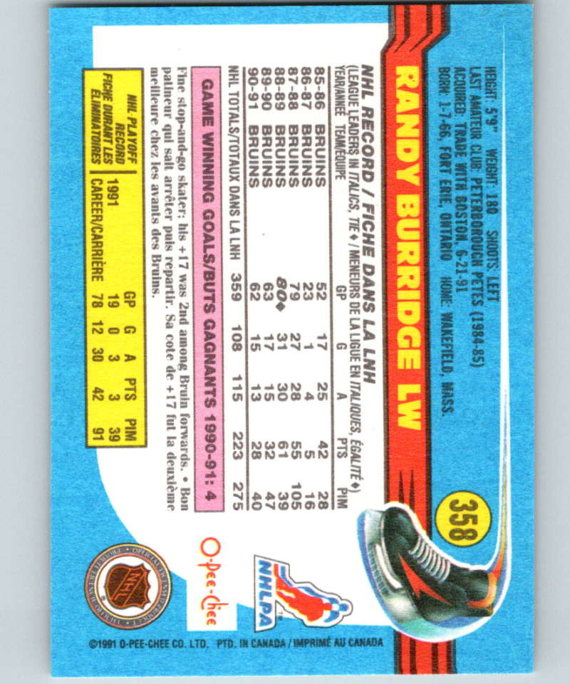 1991-92 O-Pee-Chee #358 Randy Burridge Mint Boston Bruins Image 2