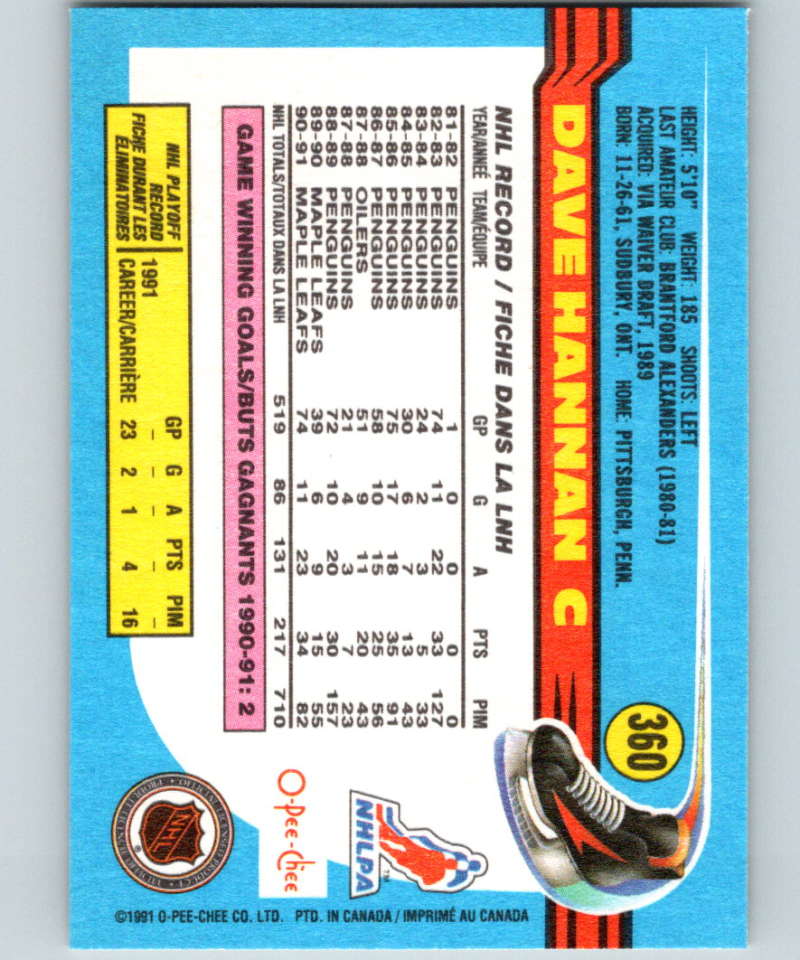 1991-92 O-Pee-Chee #360 Dave Hannan Mint Toronto Maple Leafs Image 2