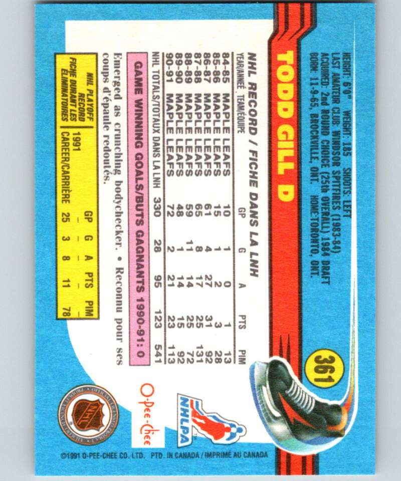 1991-92 O-Pee-Chee #361 Todd Gill Mint Toronto Maple Leafs