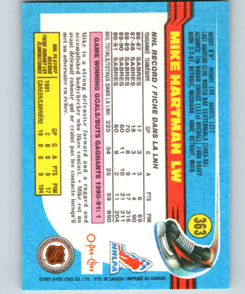 1991-92 O-Pee-Chee #363 Mike Hartman Mint Buffalo Sabres Image 2