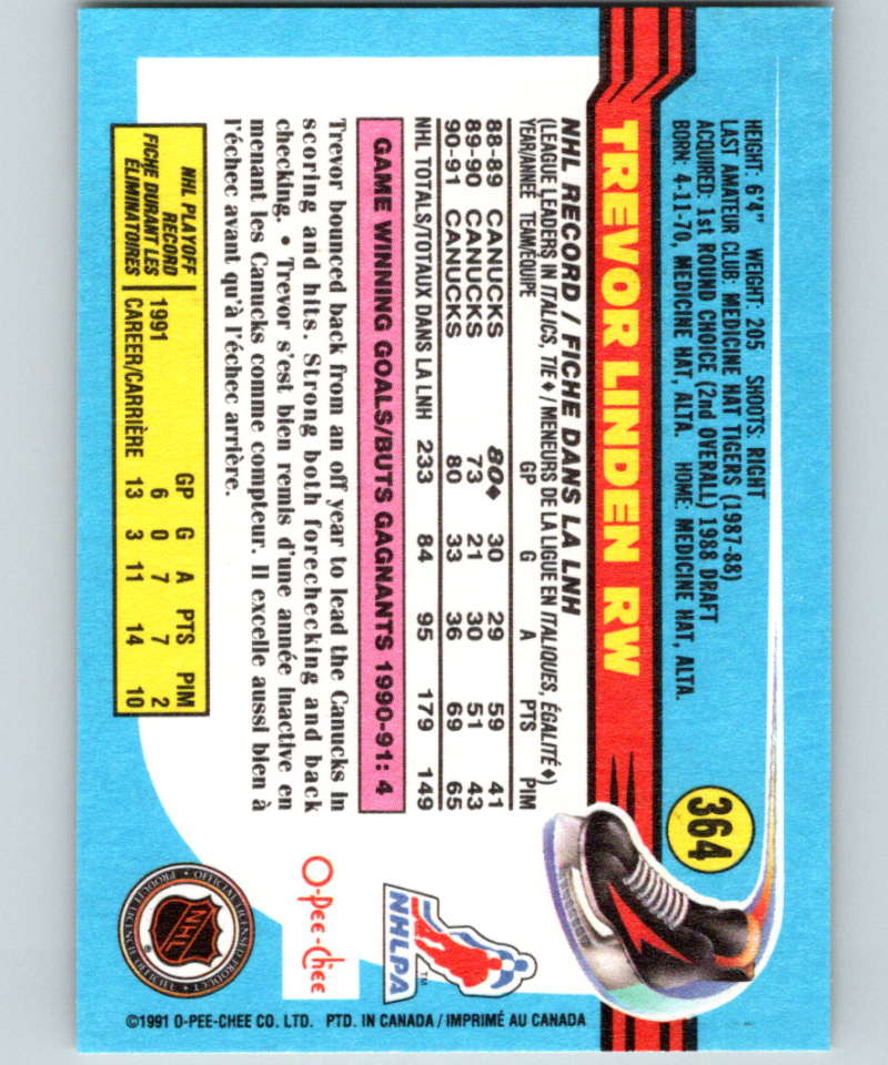 1991-92 O-Pee-Chee #364 Trevor Linden Mint Vancouver Canucks Image 2