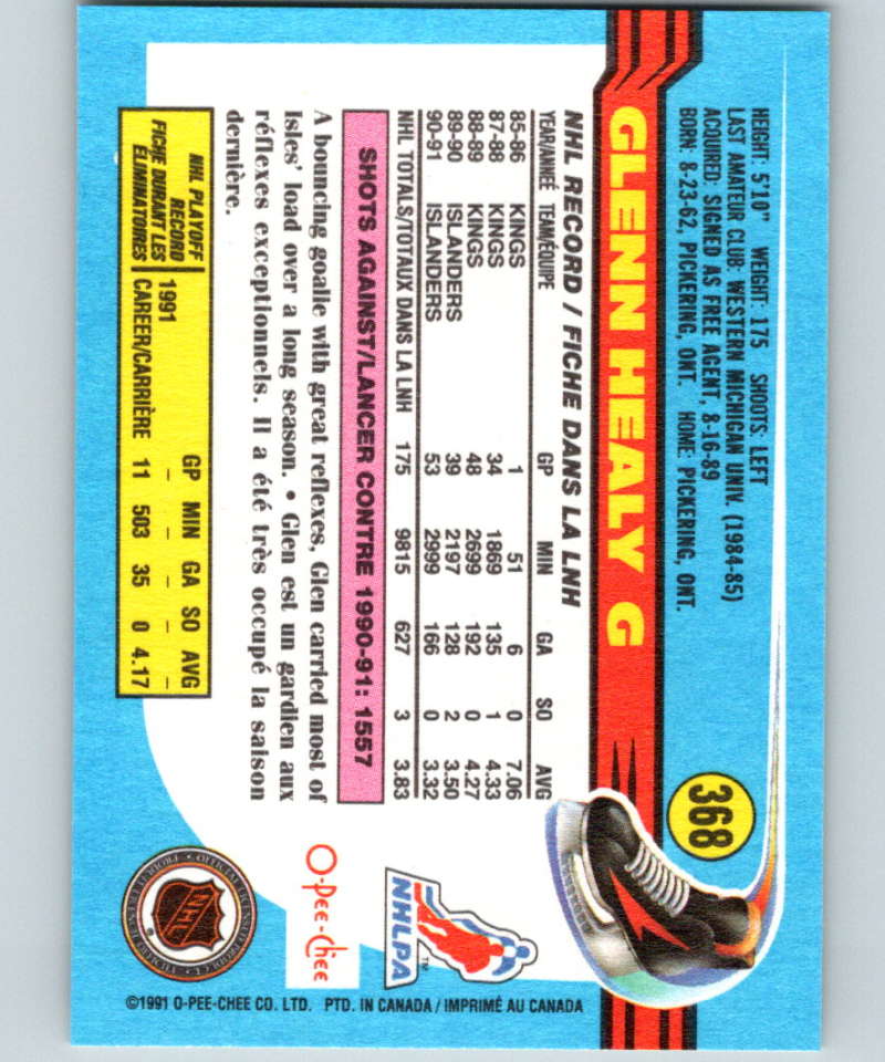 1991-92 O-Pee-Chee #368 Glenn Healy Mint New York Islanders Image 2