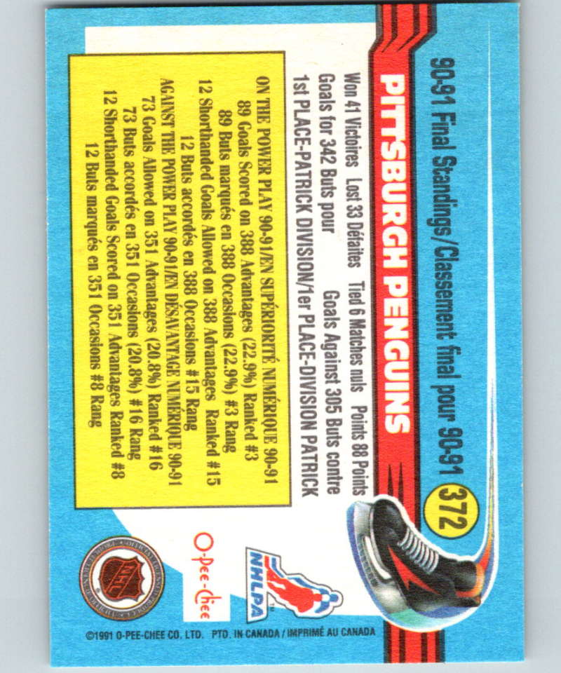 1991-92 O-Pee-Chee #372 Penguins Team Mint Image 2