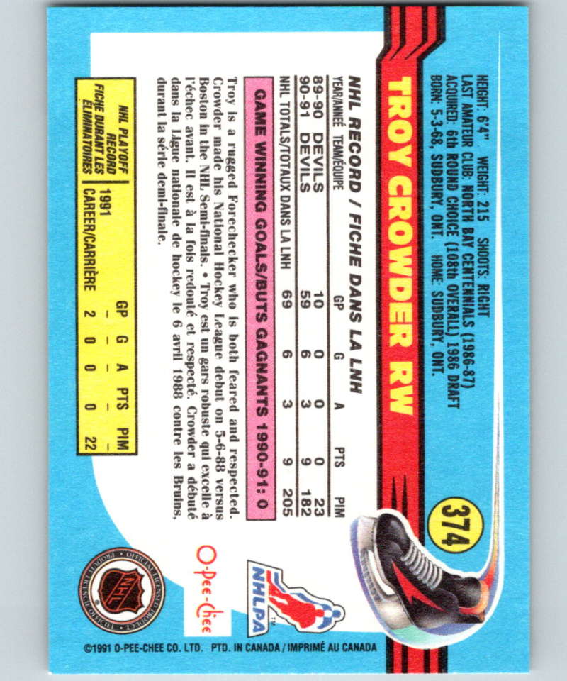 1991-92 O-Pee-Chee #374 Troy Crowder Mint New Jersey Devils Image 2
