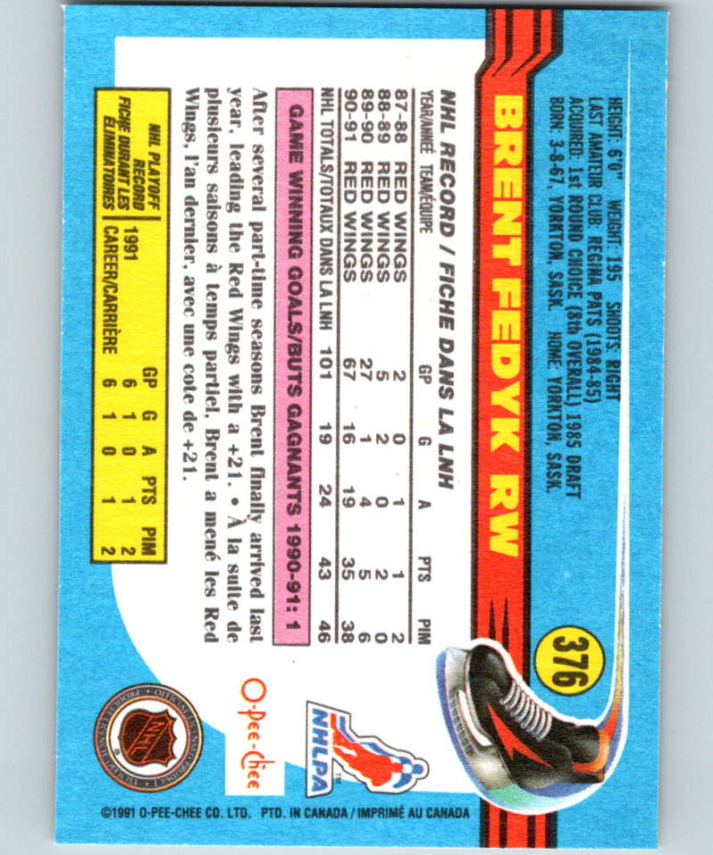 1991-92 O-Pee-Chee #376 Brent Fedyk Mint Detroit Red Wings Image 2