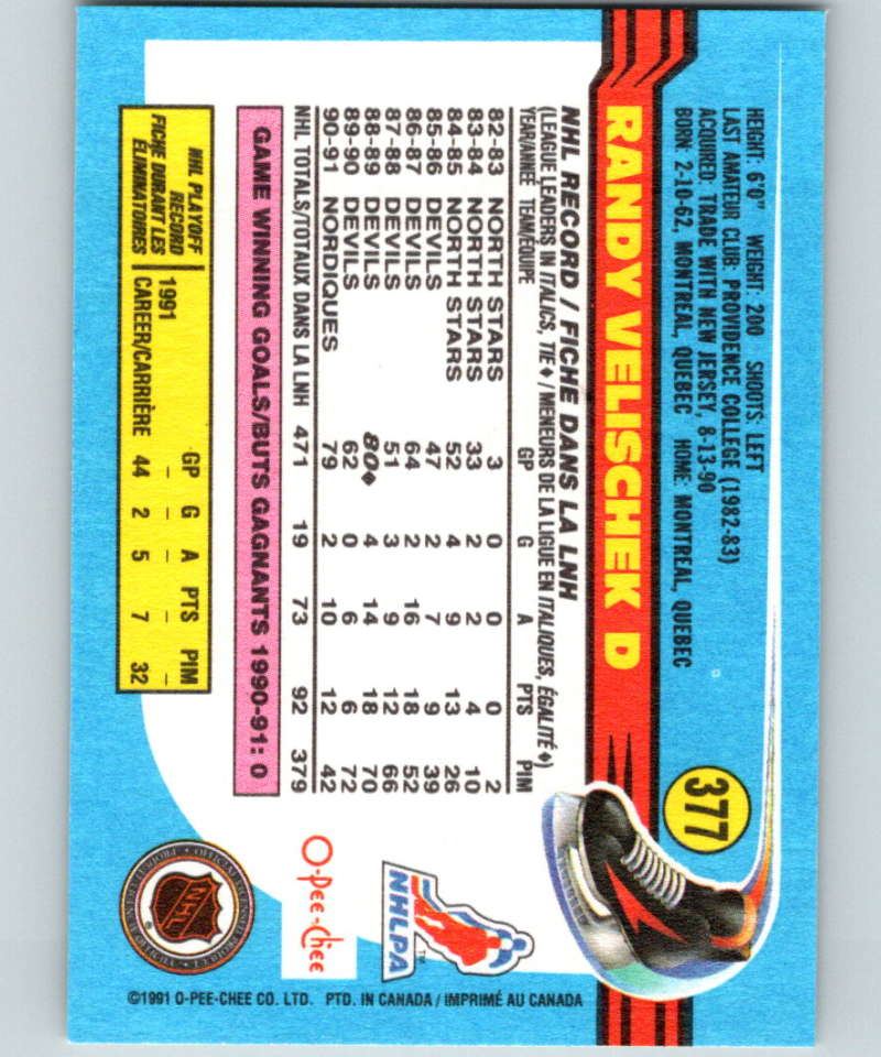1991-92 O-Pee-Chee #377 Randy Velischek Mint Quebec Nordiques Image 2