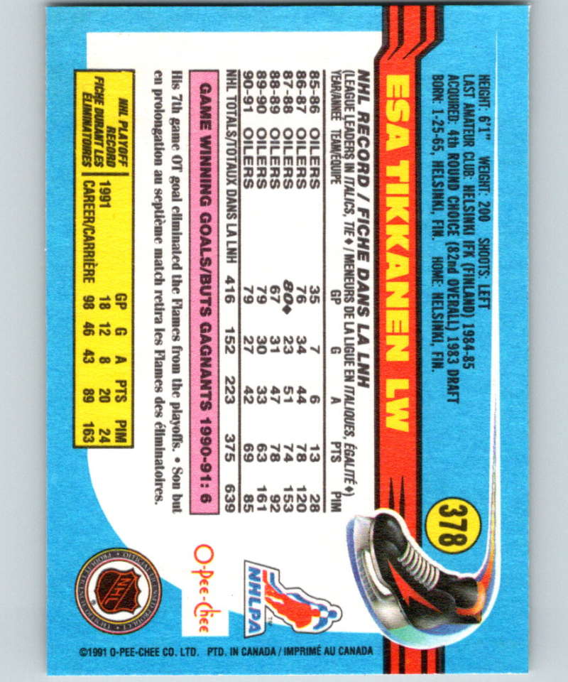 1991-92 O-Pee-Chee #378 Esa Tikkanen Mint Edmonton Oilers Image 2