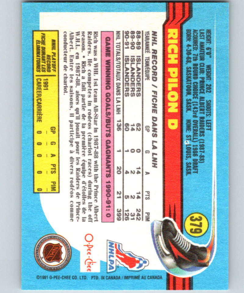 1991-92 O-Pee-Chee #379 Rich Pilon Mint New York Islanders Image 2