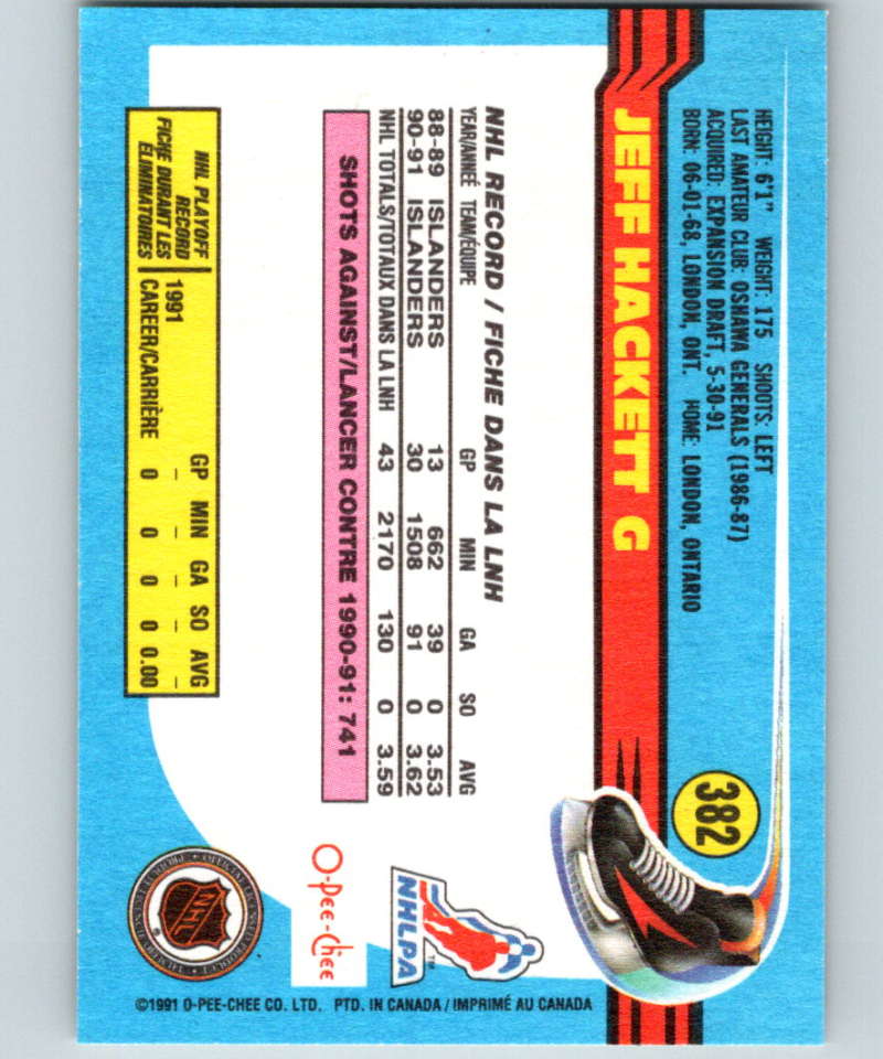 1991-92 O-Pee-Chee #382 Jeff Hackett Mint New York Islanders Image 2